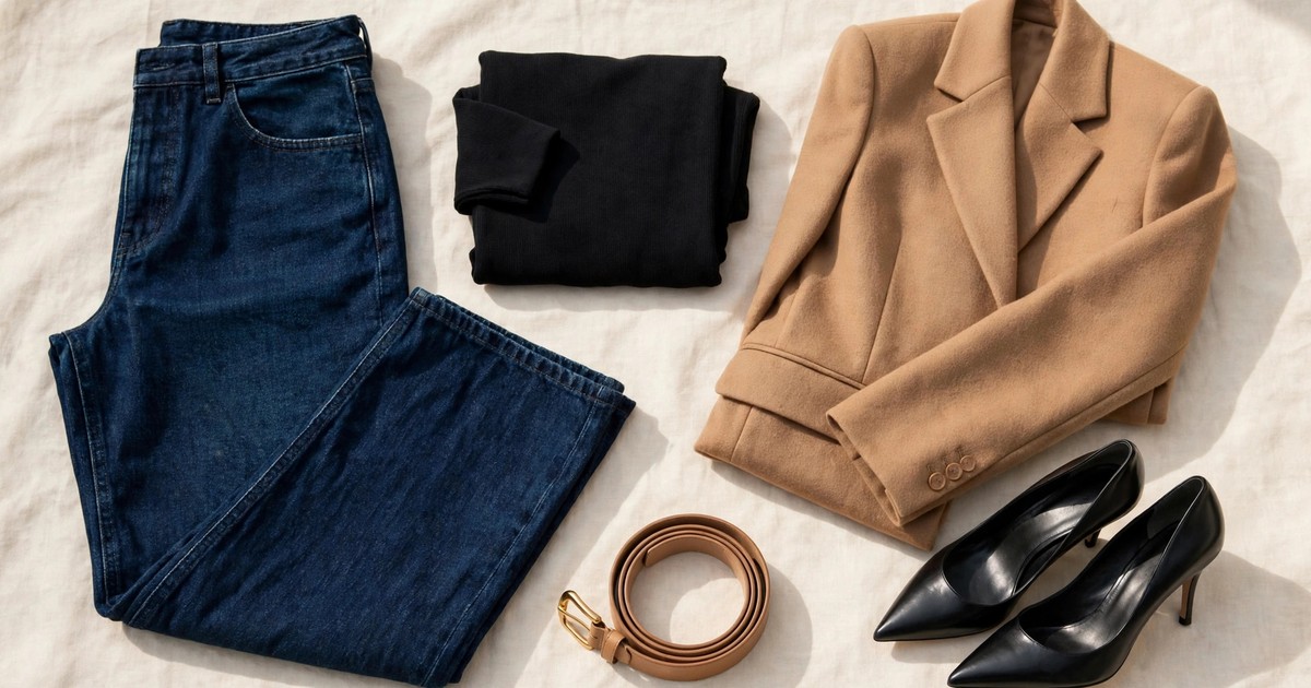 Wide leg jeans outfit ideas for women flat lay with dark indigo jeans, fitted black top, camel blazer and pointed toe heels