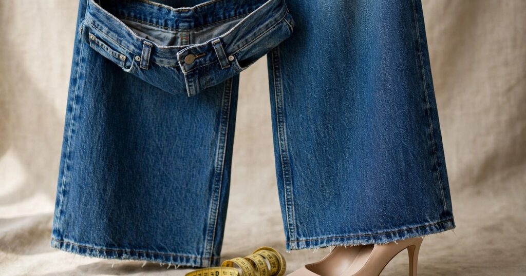 How to buy wide leg jeans for women with high rise waist and hem skimming the shoe