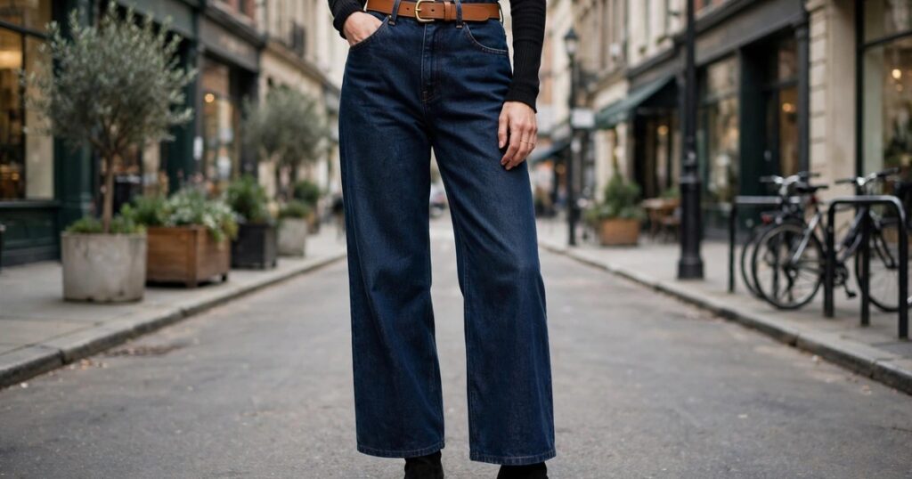 Wide leg jeans outfit for women with dark indigo jeans, fitted black top, ankle boots and leather belt