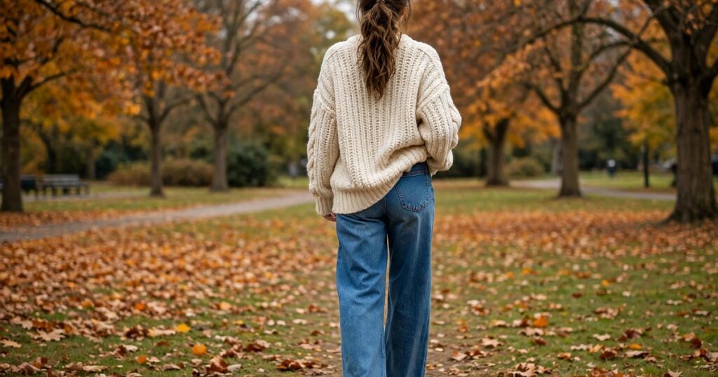 Chunky sweater wide leg jeans outfit for women with mid blue jeans, cream knit and white sneakers