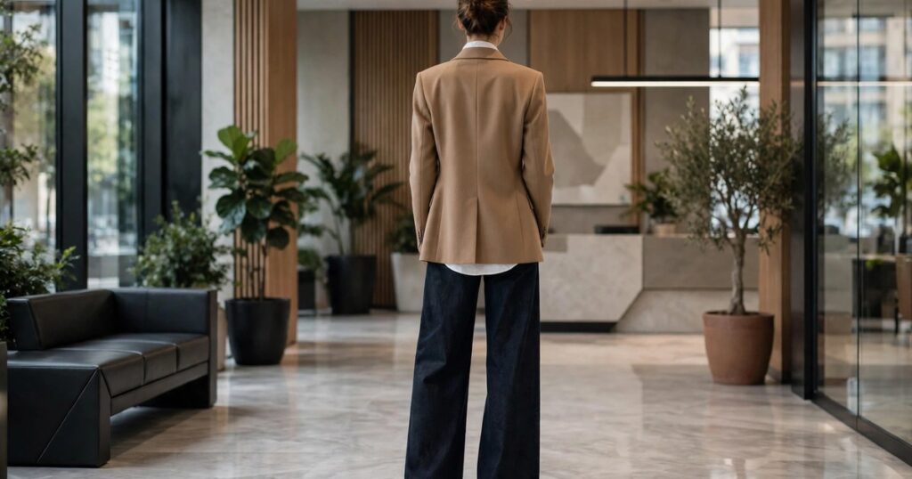 Blazer wide leg jeans outfit for women with dark jeans, camel blazer, white shirt and pointed toe heels