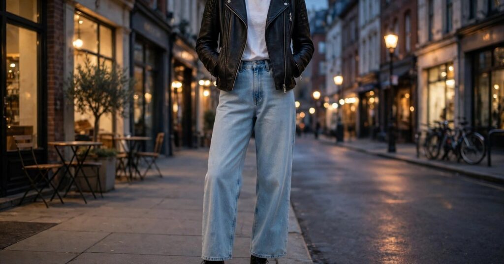 Leather jacket wide leg jeans outfit for women with light wash jeans, white tee and black ankle boots