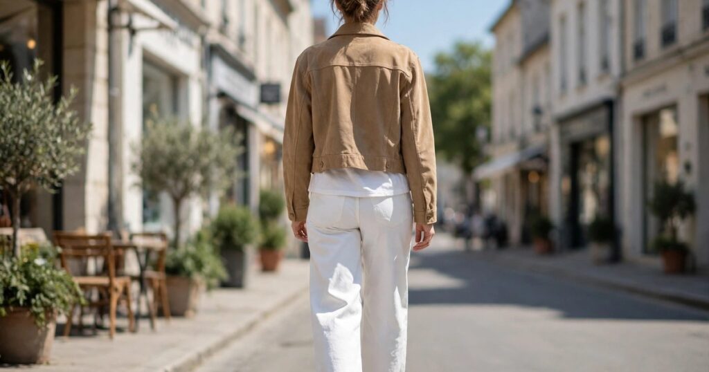 White wide leg jeans outfit for women with white tee, tan cropped jacket and white sneakers