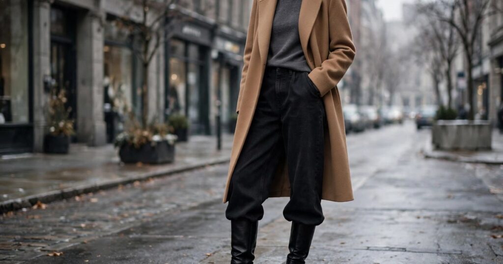 Turtleneck and coat wide leg jeans outfit for women with black jeans, charcoal knit, camel coat and knee high boots