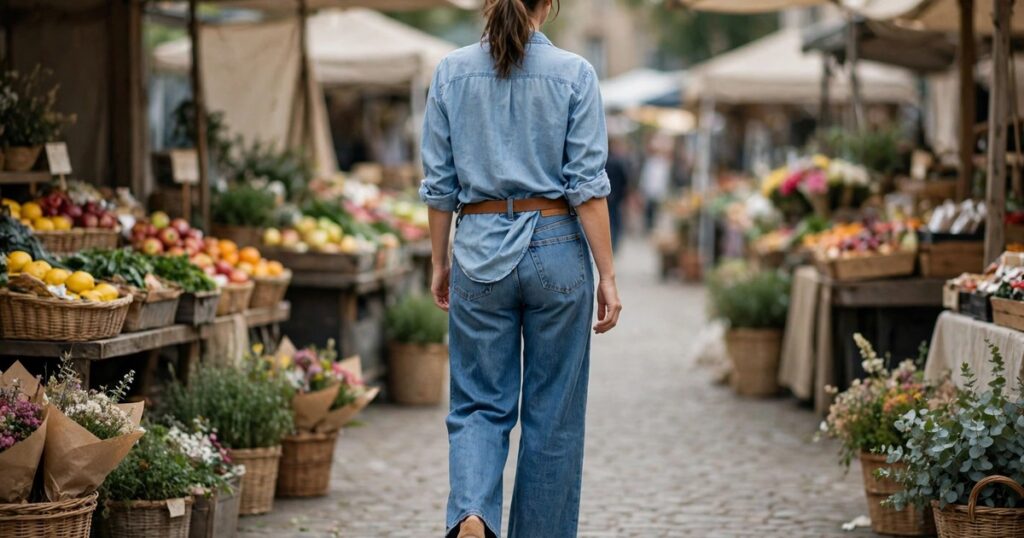 Denim on denim wide leg jeans outfit for women with mid blue jeans, chambray shirt, tan loafers and leather belt