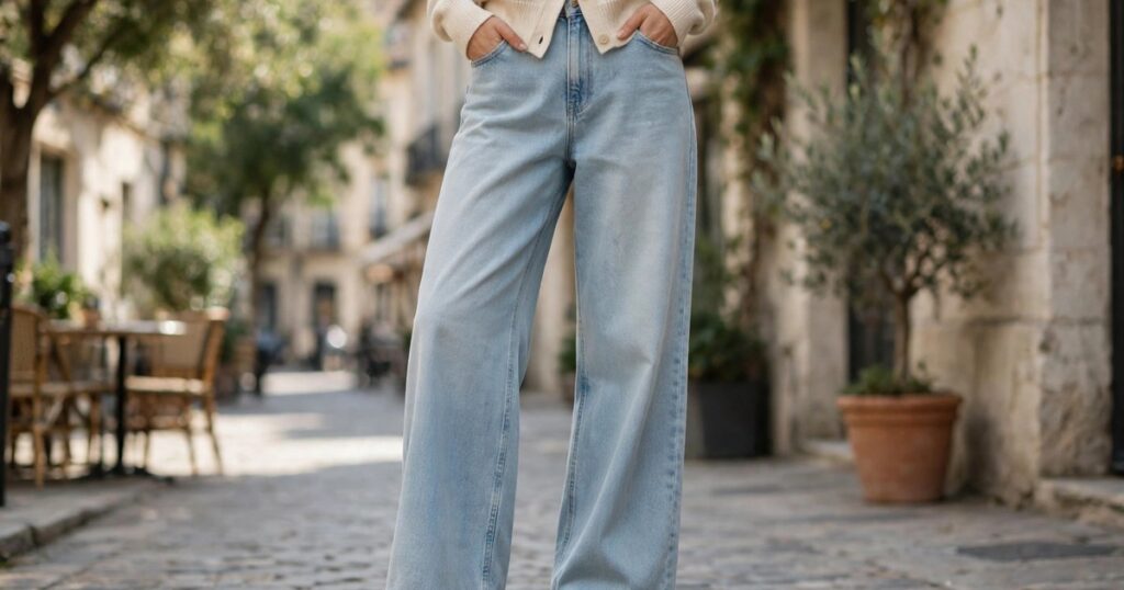 Cropped cardigan wide leg jeans outfit for women with light wash jeans and mesh ballet flats