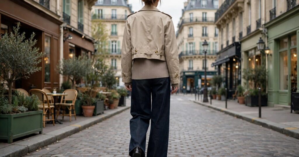 Trench coat wide leg jeans outfit for women with dark jeans, fitted knit and square toe loafers
