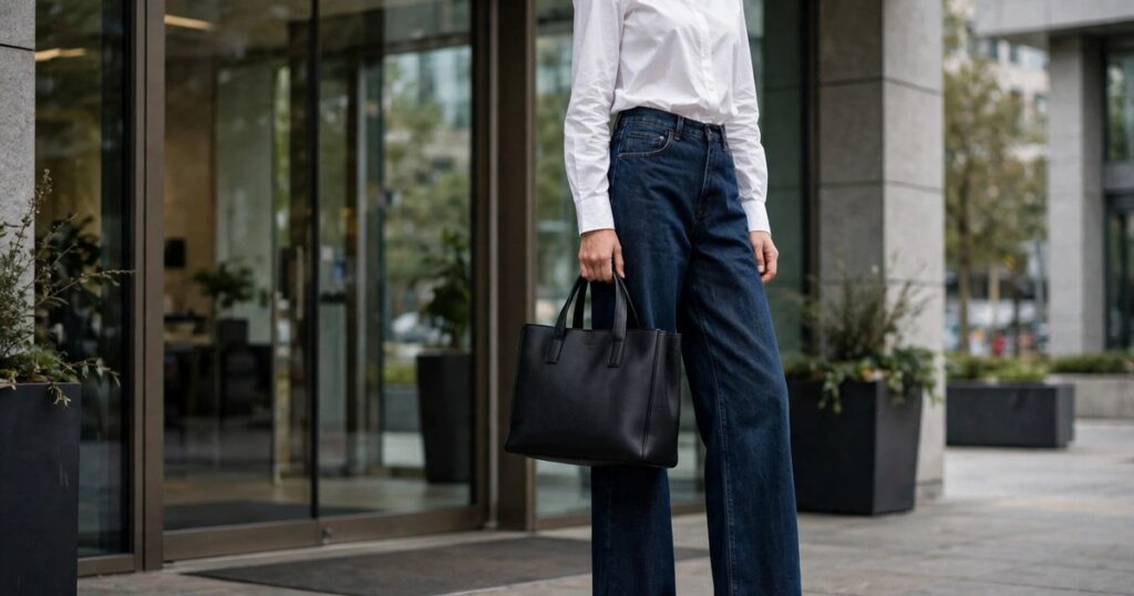 Work wide leg jeans outfit for women with dark indigo jeans, white shirt, structured tote and heeled loafers