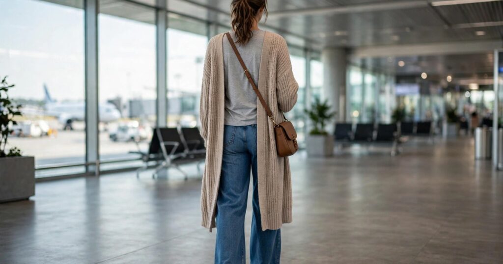 Travel day wide leg jeans outfit for women with mid blue jeans, soft tee, long cardigan and white sneakers