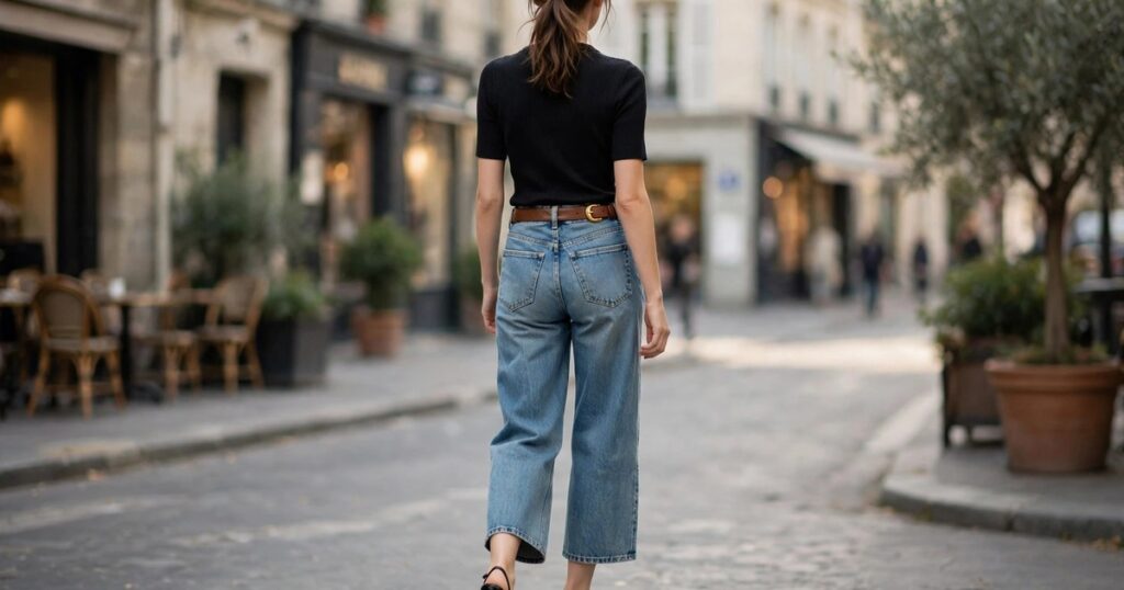 Petite women wide leg jeans outfit with cropped wide leg jeans, heeled shoe, tucked top and belt
