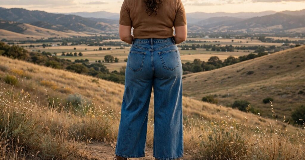 Curvy women wide leg jeans outfit with high rise jeans, fitted top and ankle boots