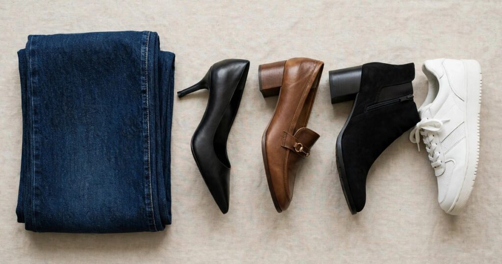 Best shoes for wide leg jeans outfits for women with pointed toe heels, heeled loafers, ankle boots and white sneakers