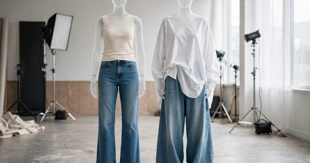 Wide leg jeans mistakes right vs wrong fit with hemmed jeans and tucked top compared to pooling hem and baggy top