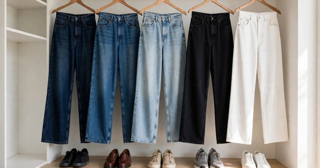 Wide leg jeans capsule wardrobe closet with dark indigo mid blue light wash black and white jeans on hangers