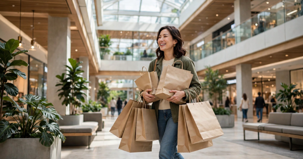 Happy shopper carrying shopping bags through an open-air mall in San Diego
