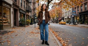 Woman in a polished outfit wearing a chocolate suede jacket with wide leg trousers on a city street